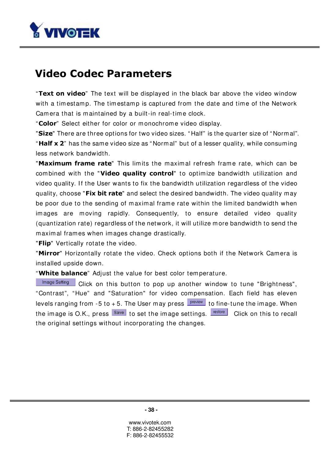 Vivotek PT3113, 3123 manual Video Codec Parameters 