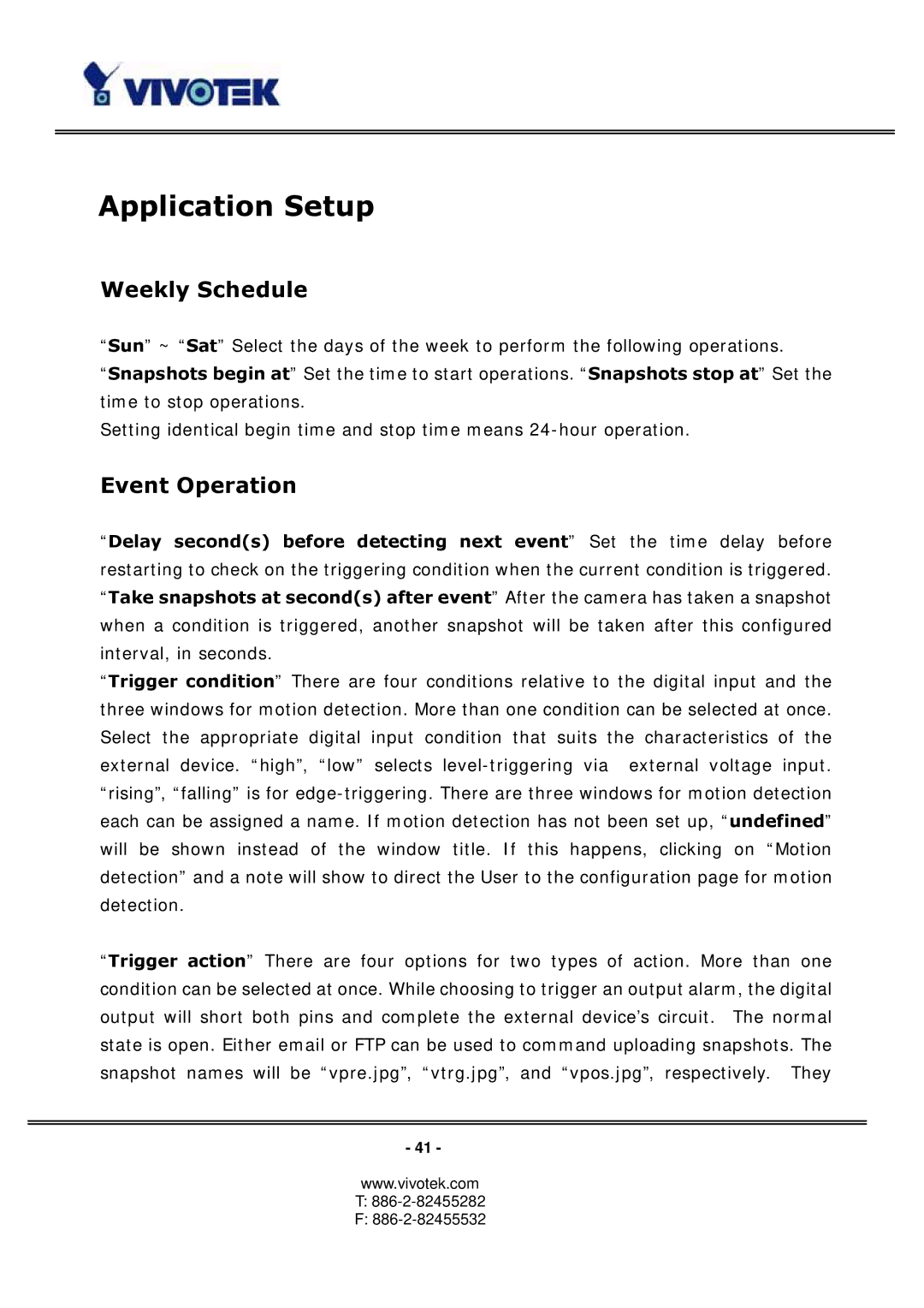 Vivotek 3123, PT3113 manual Application Setup, Weekly Schedule, Event Operation 