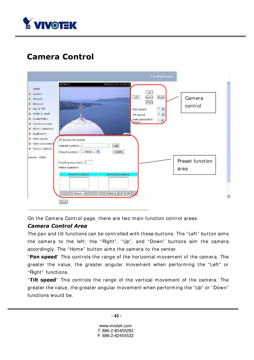 Vivotek 3123, PT3113 manual Camera Control Area 