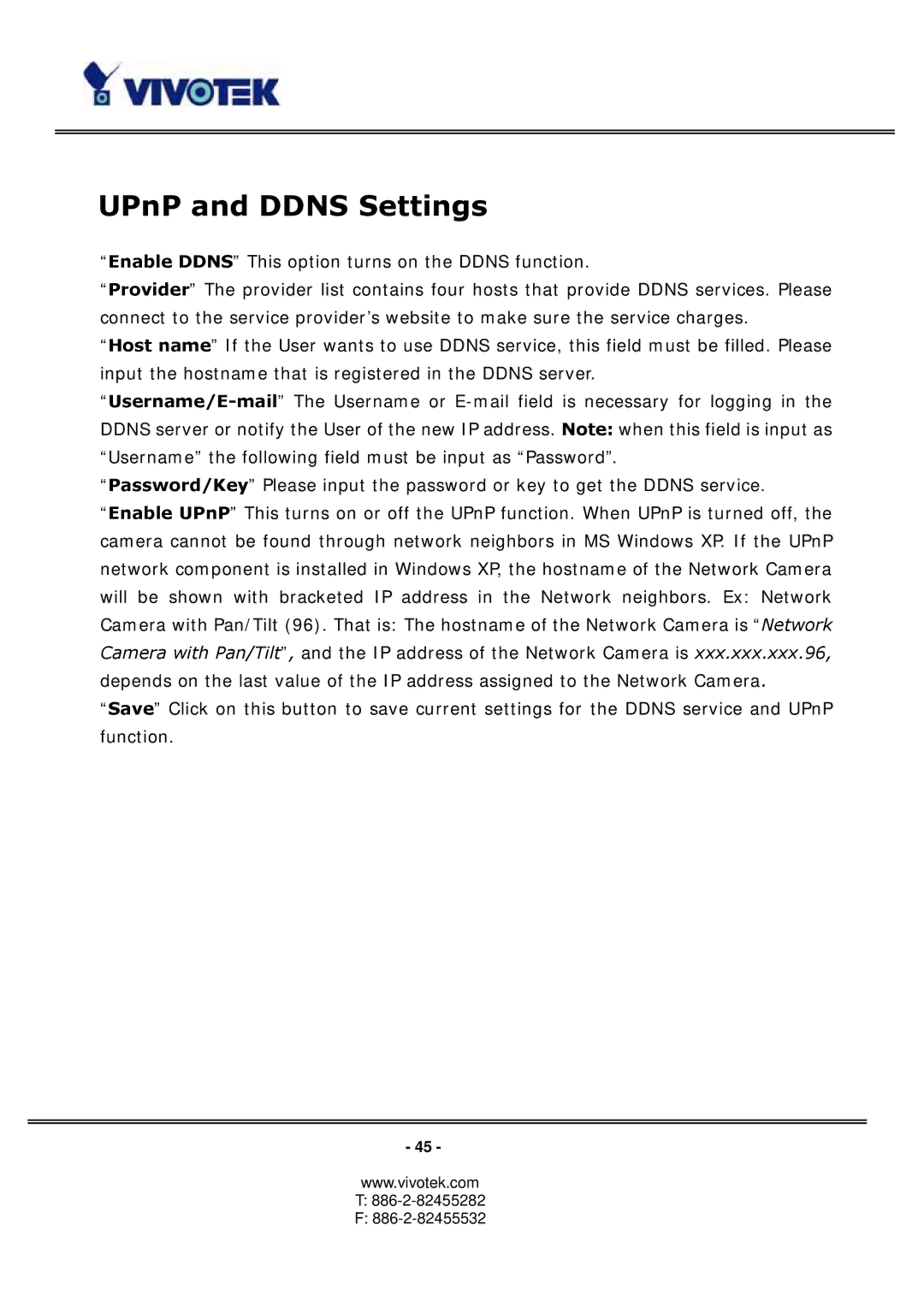 Vivotek 3123, PT3113 manual UPnP and Ddns Settings 