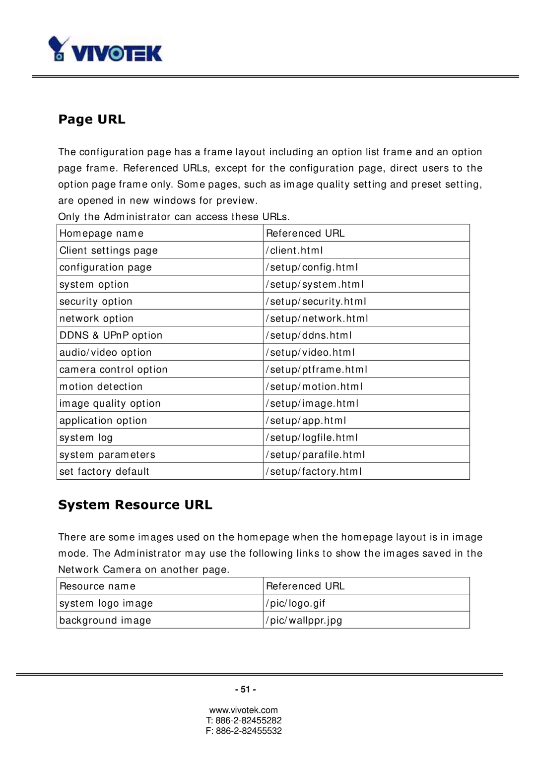 Vivotek PT3113, 3123 manual Url, System Resource URL 