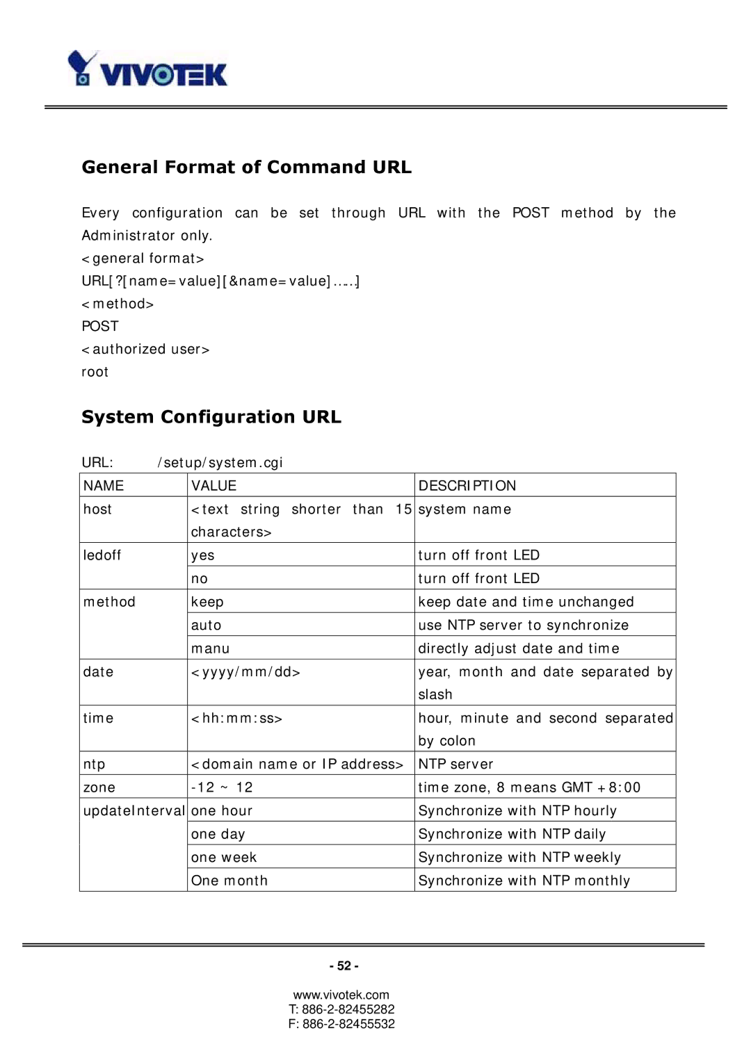 Vivotek 3123, PT3113 manual General Format of Command URL, System Configuration URL 