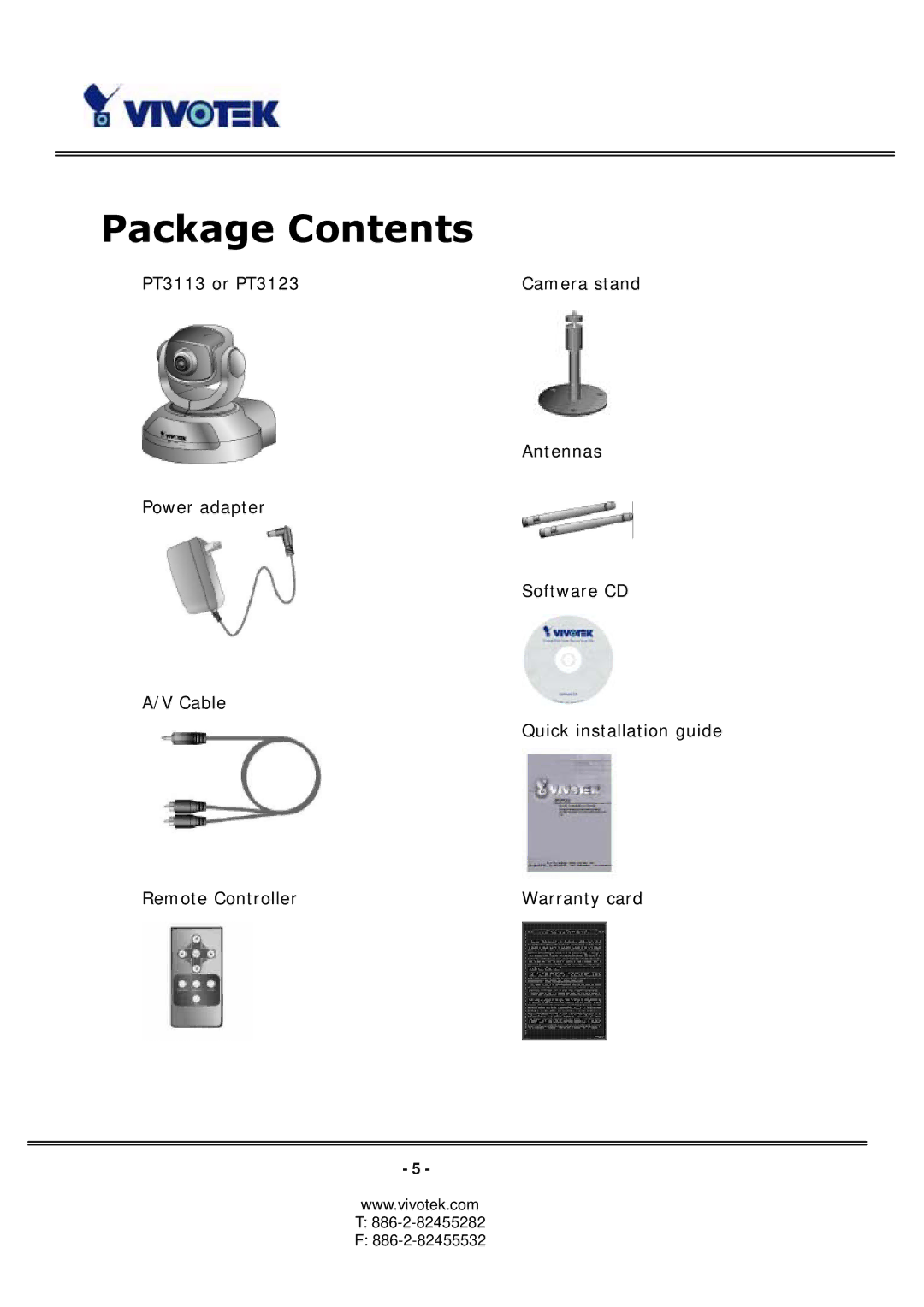 Vivotek 3123, PT3113 manual Package Contents 