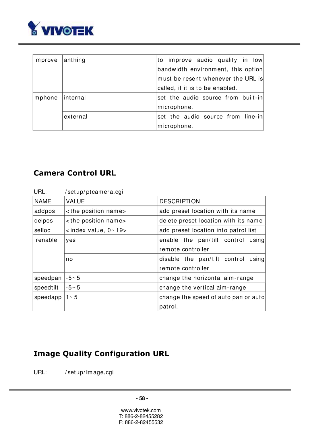 Vivotek 3123, PT3113 manual Camera Control URL, Image Quality Configuration URL 