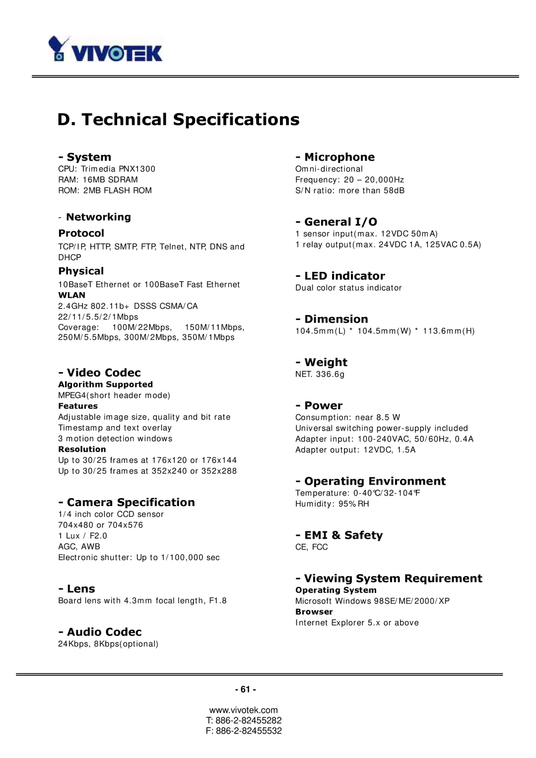 Vivotek PT3113, 3123 manual Technical Specifications, System Microphone 