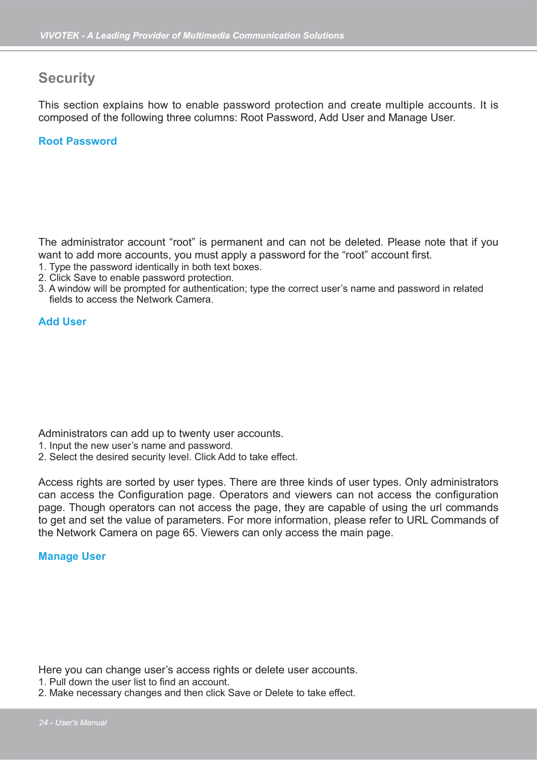 Vivotek 4X-IP7142 manual Security, Root Password, Add User, Manage User 
