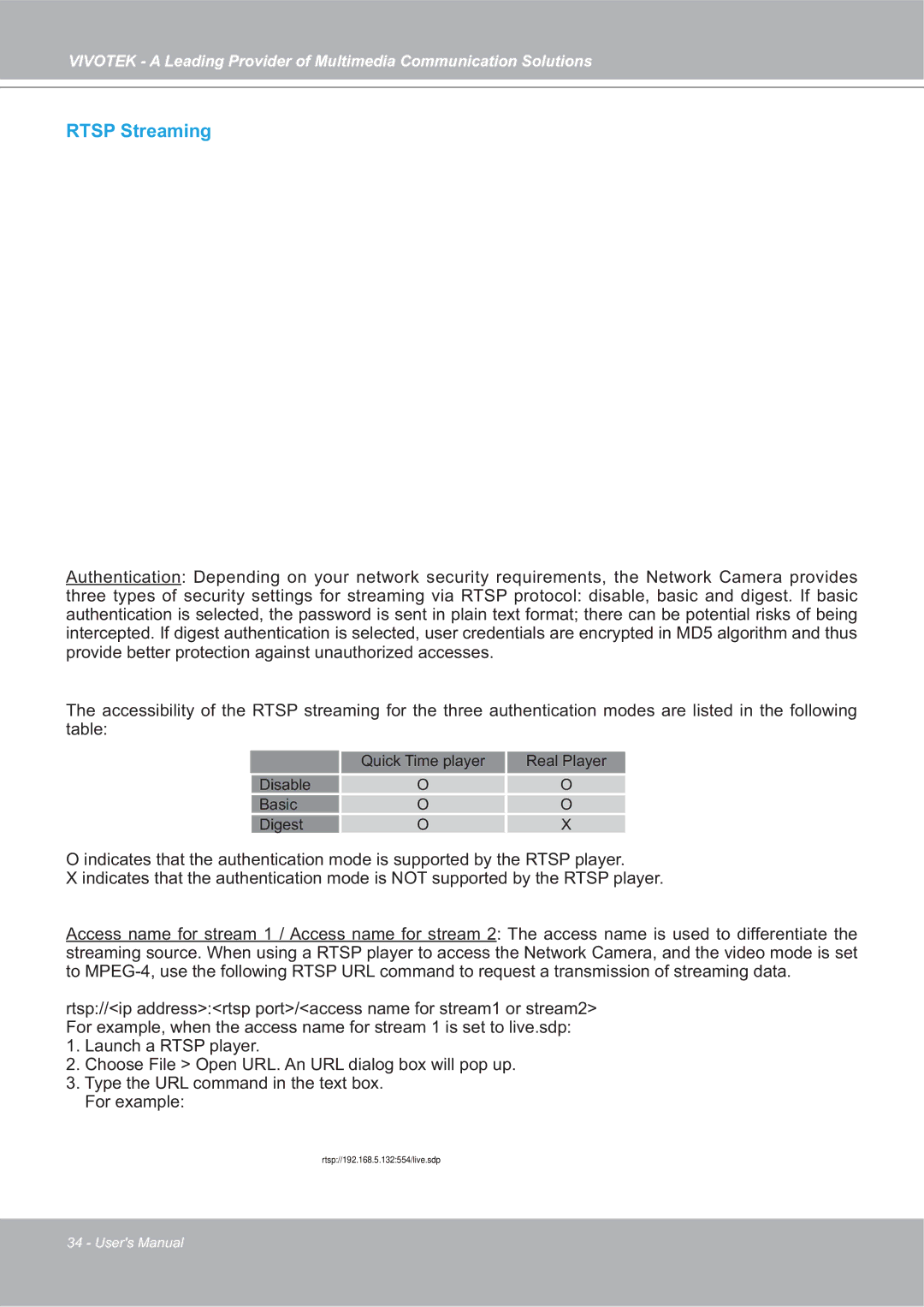 Vivotek 4X-IP7142 manual Rtsp Streaming 