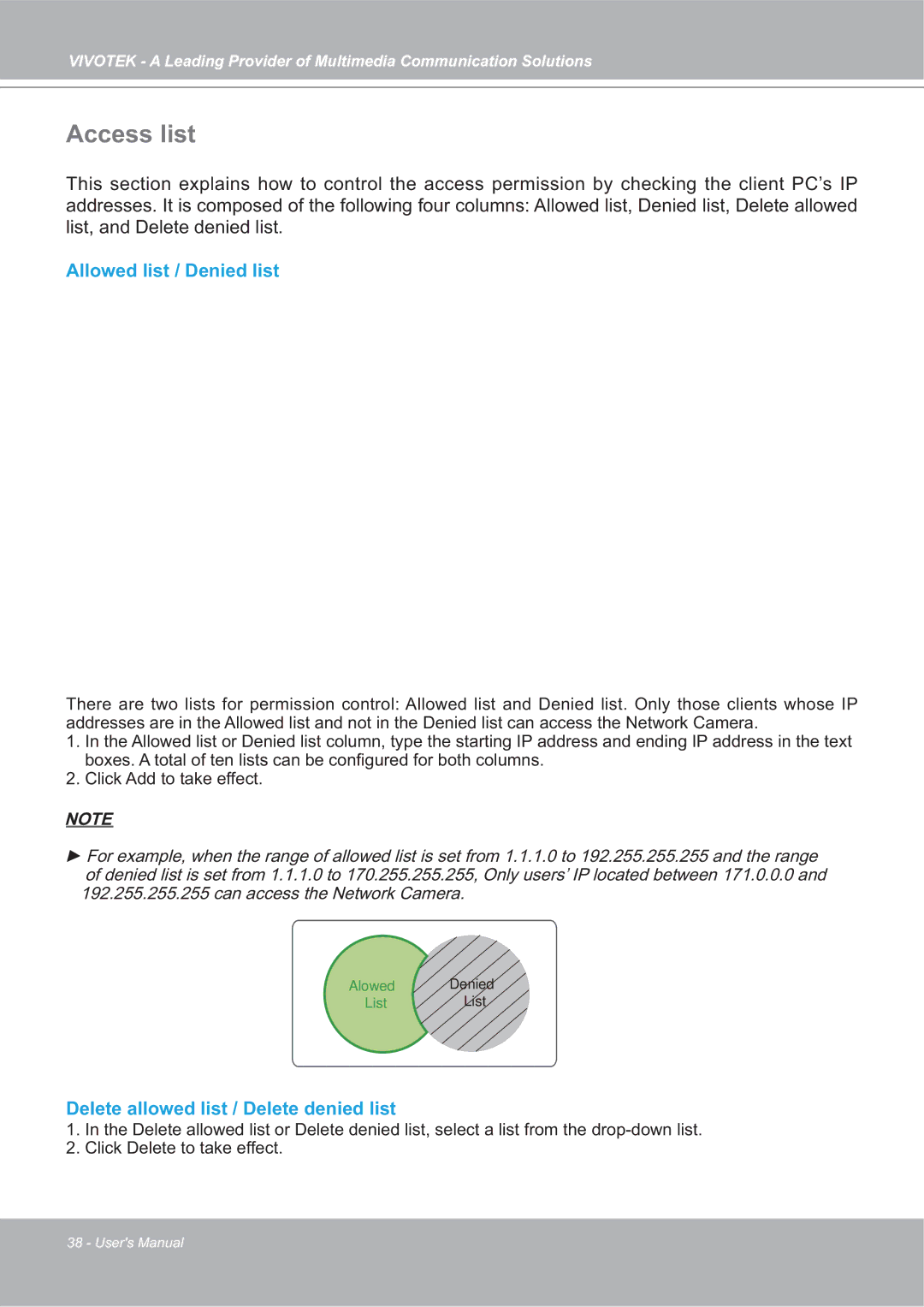 Vivotek 4X-IP7142 manual Access list, Allowed list / Denied list, Delete allowed list / Delete denied list 