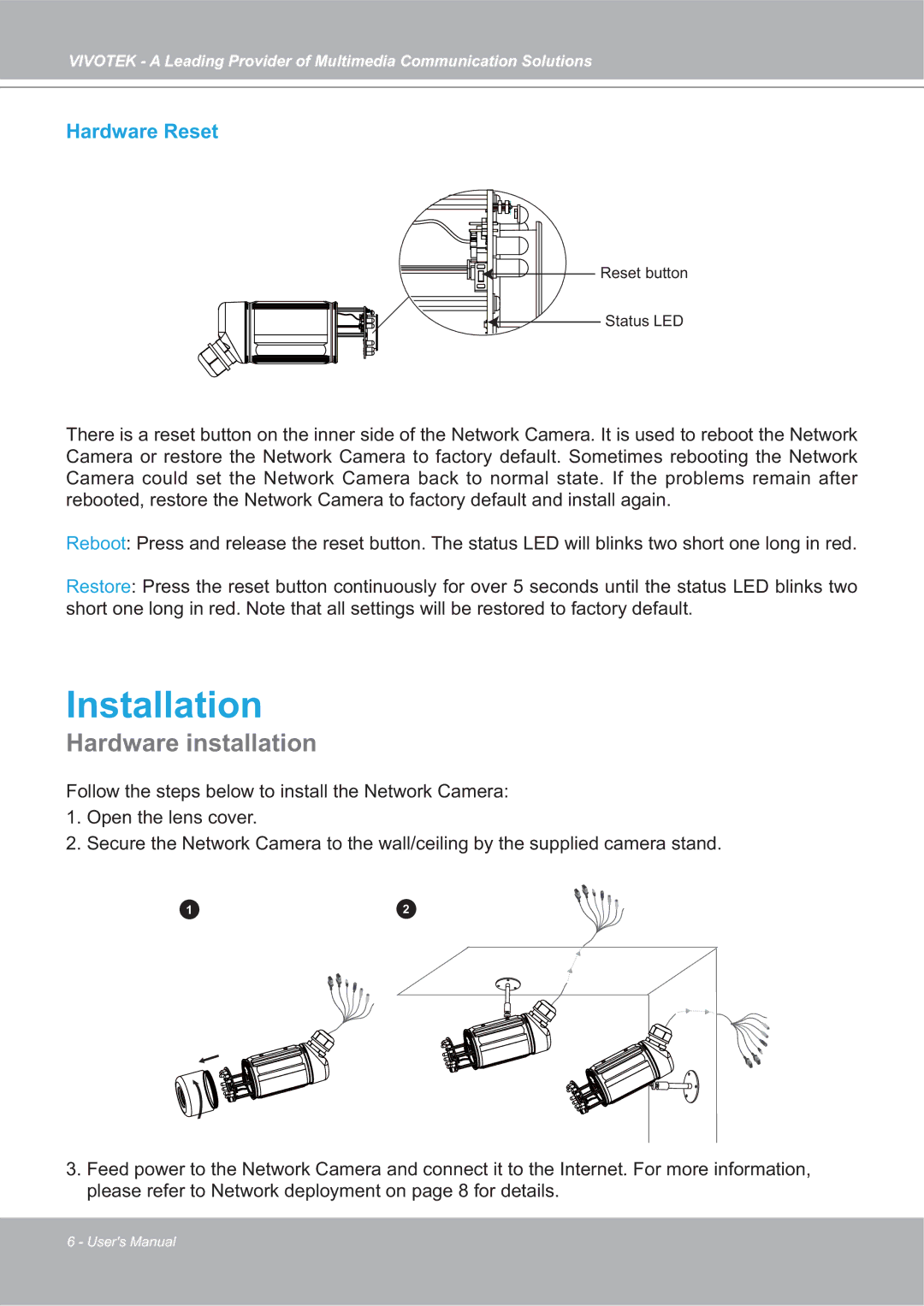 Vivotek 4X-IP7142 manual Hardware installation, Hardware Reset 