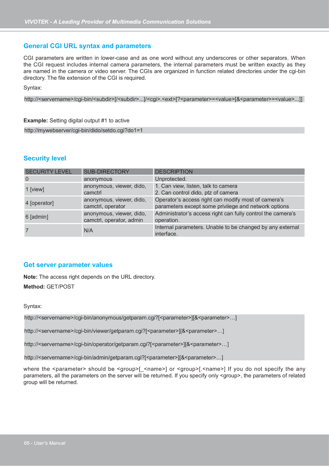 Vivotek 4X-IP7142 General CGI URL syntax and parameters, Security level, Get server parameter values, Method GET/POST 