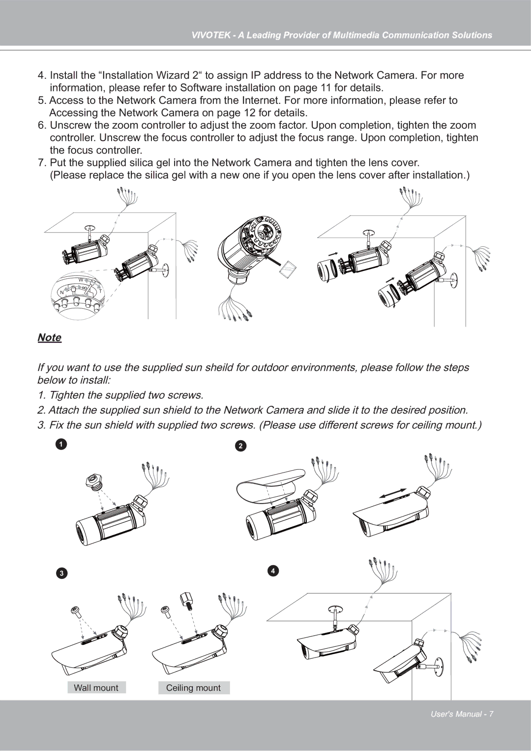 Vivotek 4X-IP7142 manual Wall mount Ceiling mount 