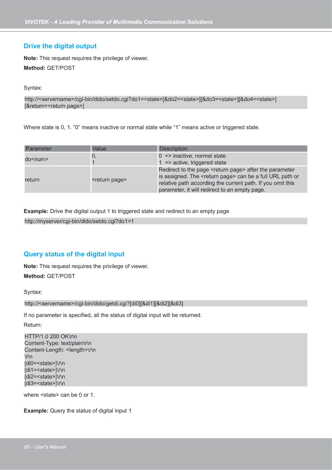 Vivotek 4X-IP7142 manual Drive the digital output, Query status of the digital input 