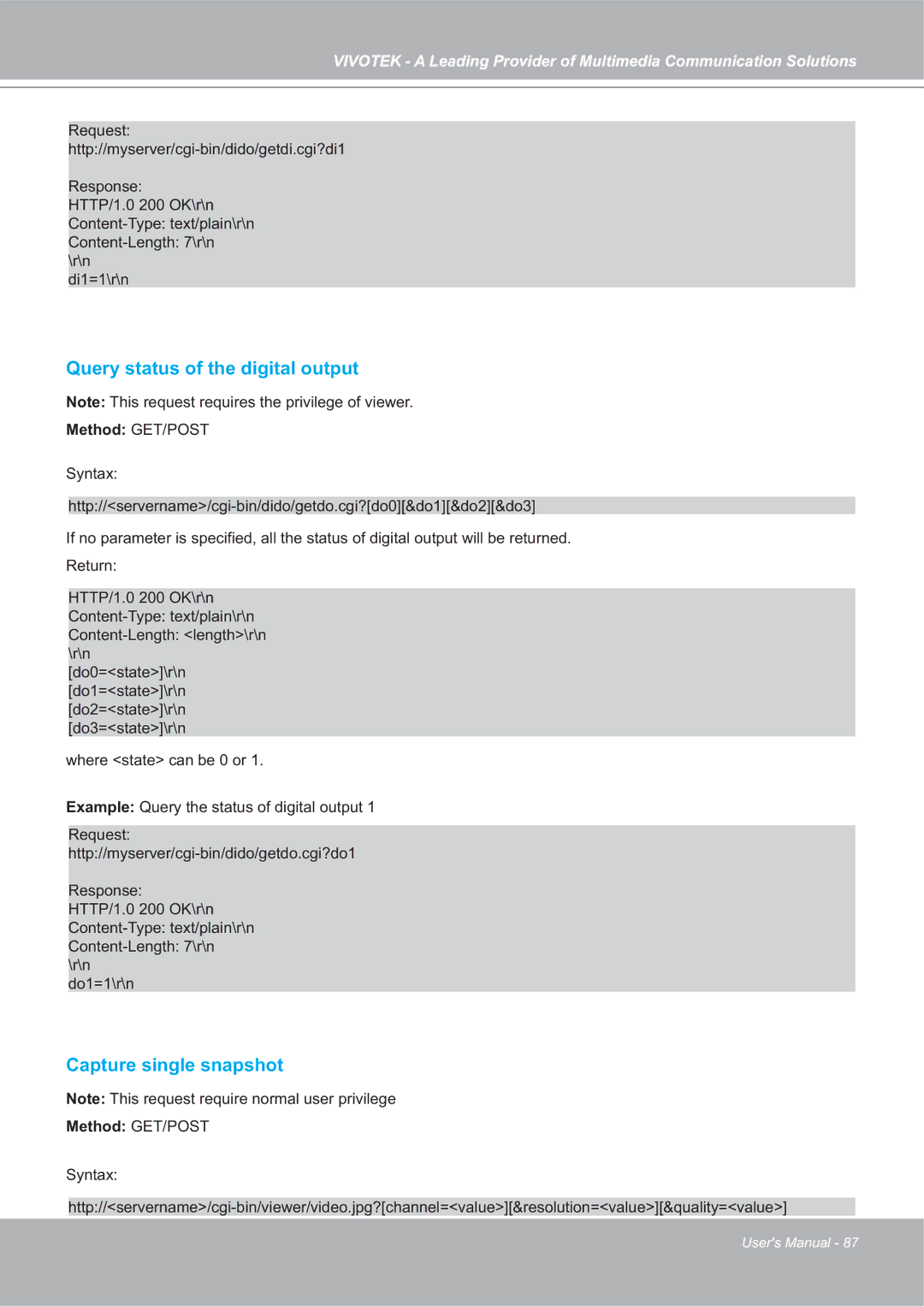 Vivotek 4X-IP7142 manual Query status of the digital output, Capture single snapshot 