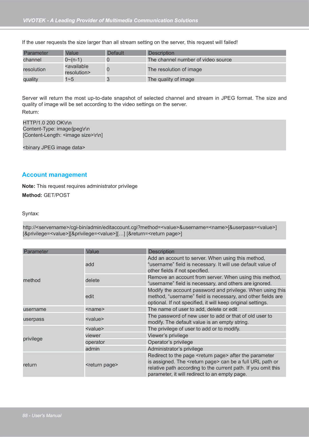 Vivotek 4X-IP7142 manual Account management 