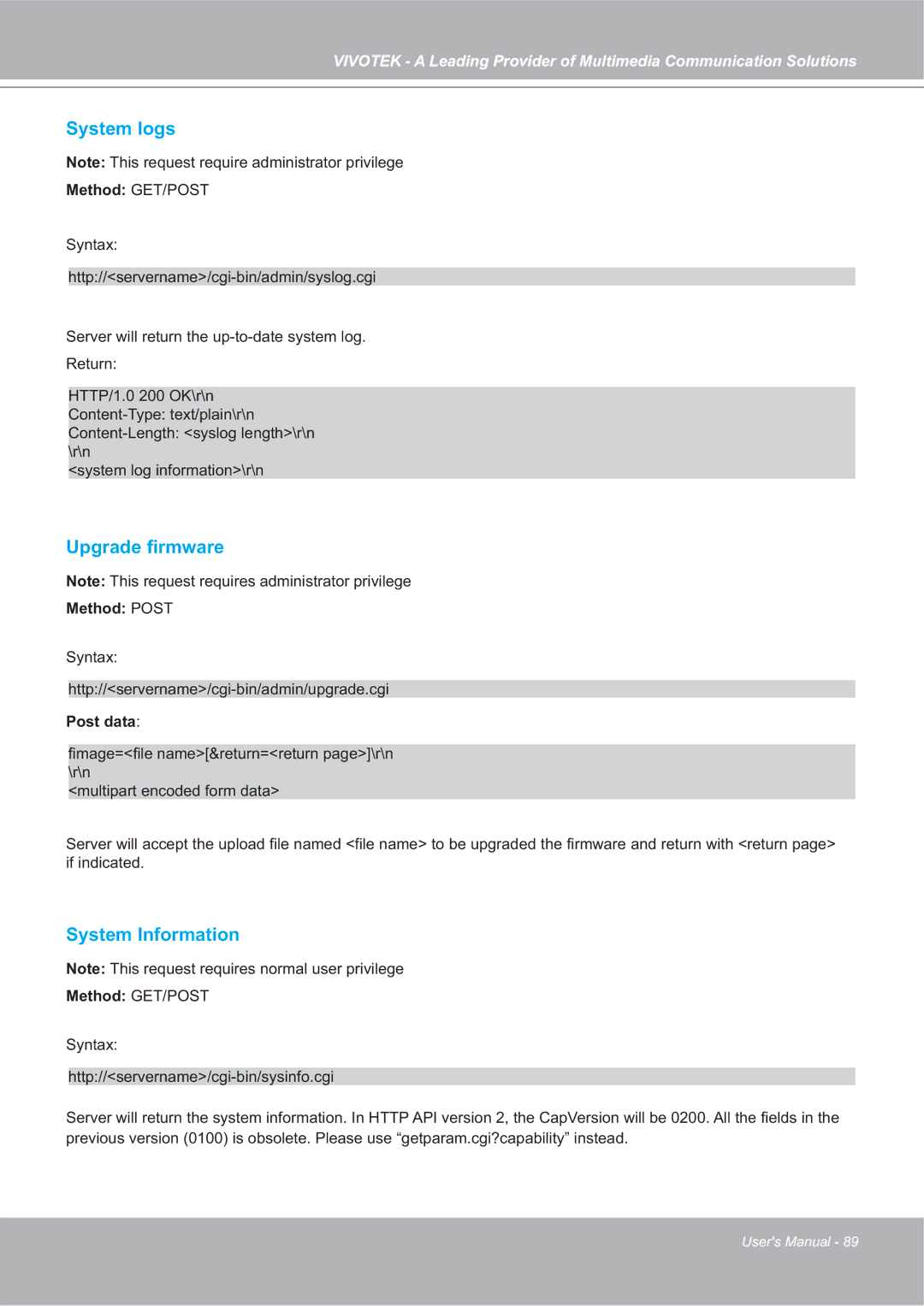 Vivotek 4X-IP7142 manual System logs, Upgrade ﬁrmware, System Information, Method Post, Post data 