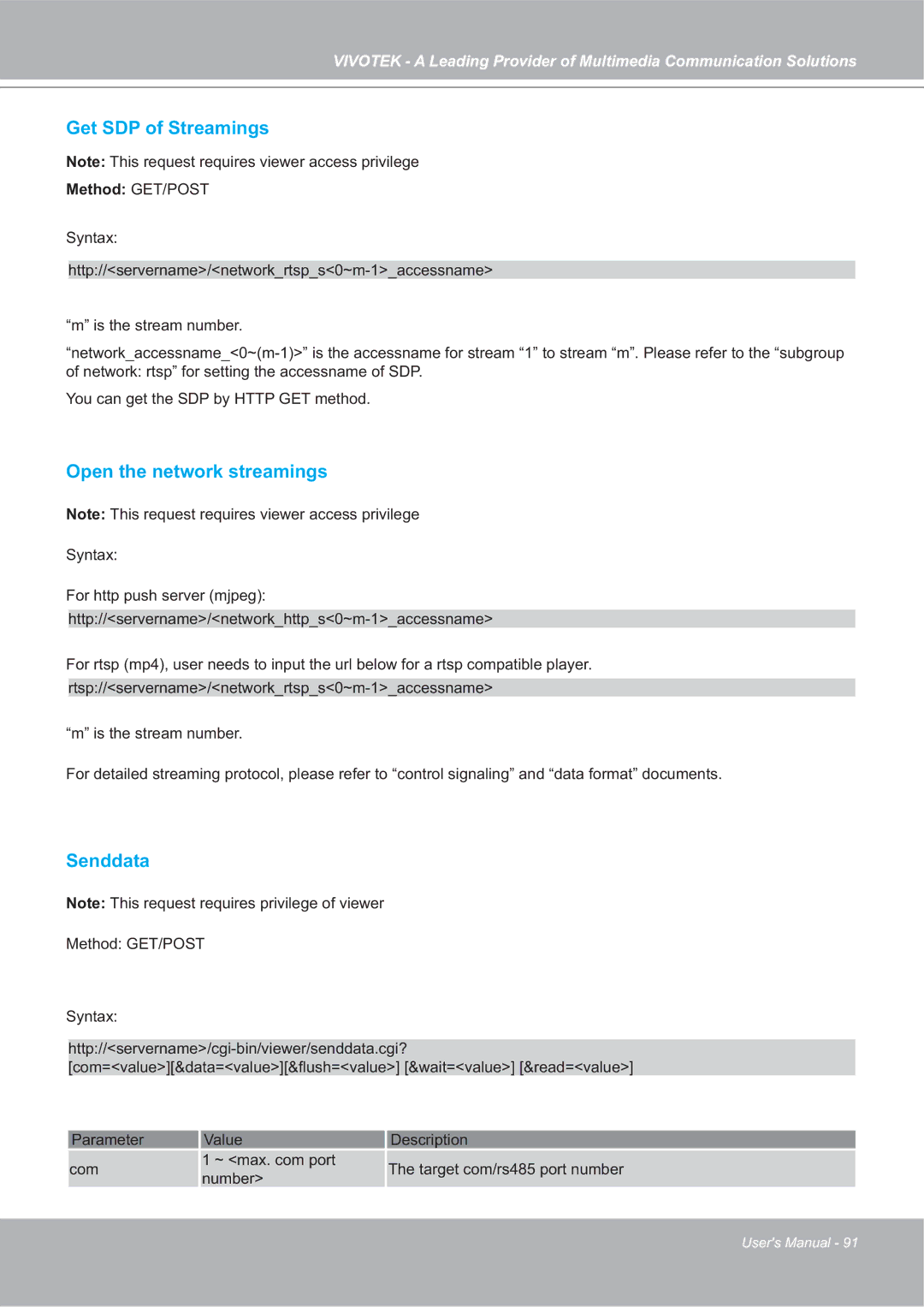 Vivotek 4X-IP7142 manual Get SDP of Streamings, Open the network streamings, Senddata 