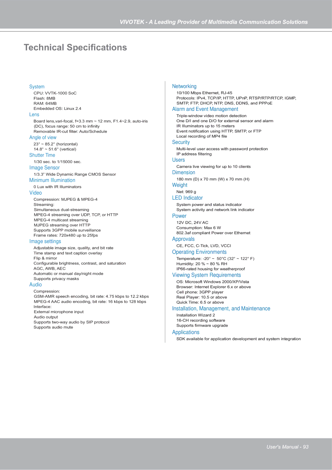 Vivotek 4X-IP7142 manual Technical Speciﬁcations, Lens 