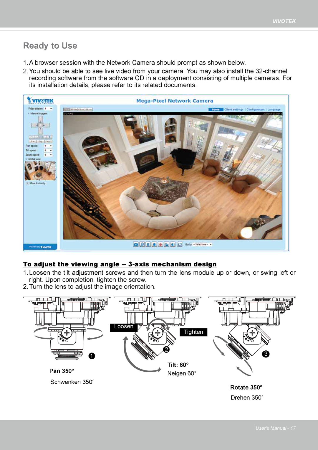 Vivotek FD1837H, 8137HV user manual Ready to Use, To adjust the viewing angle -- 3-axis mechanism design 