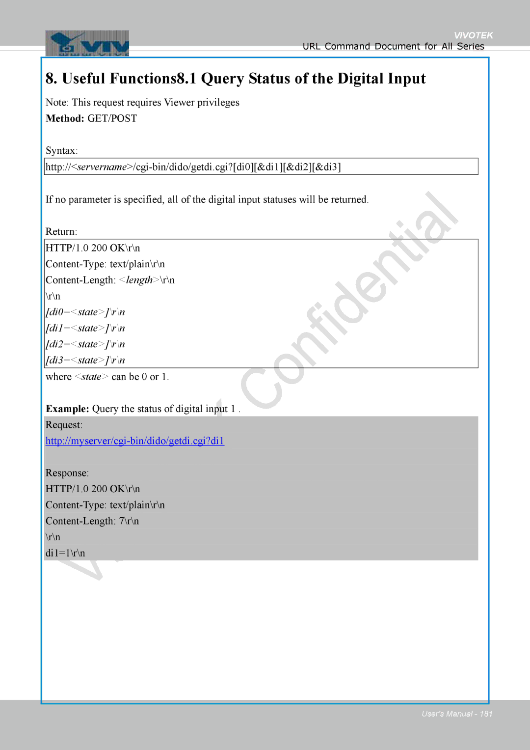 Vivotek FD1837H, 8137HV user manual Useful Functions8.1 Query Status of the Digital Input 