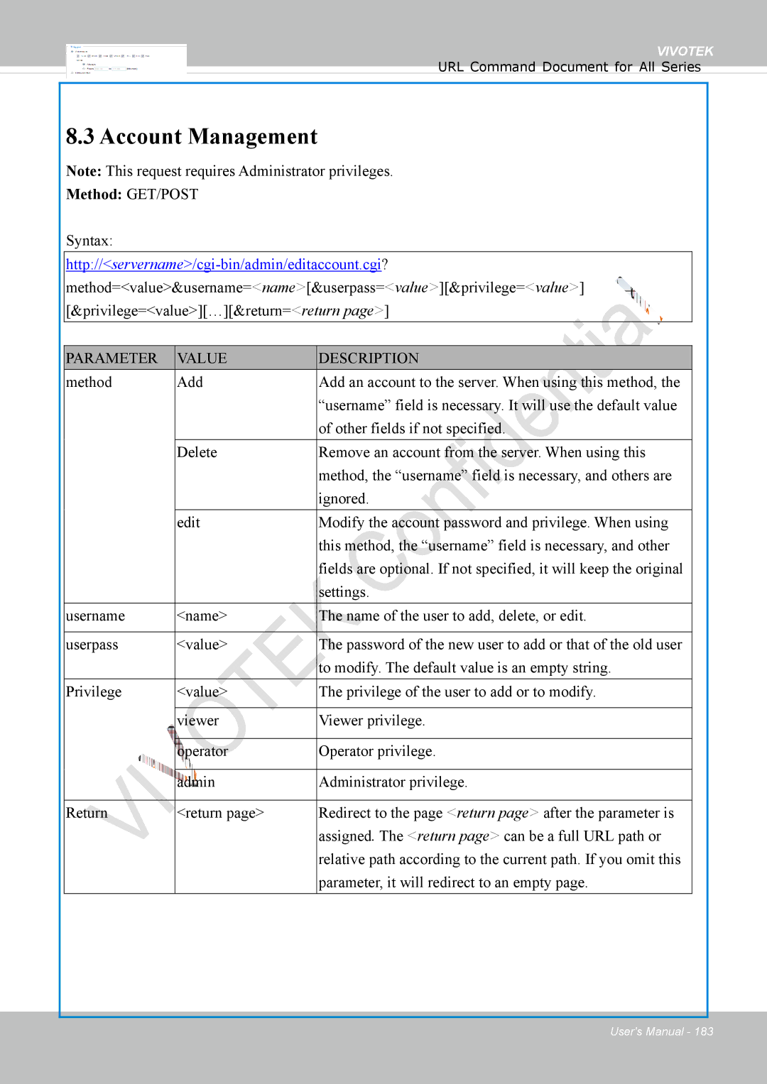 Vivotek FD1837H, 8137HV user manual Account Management, Syntax 