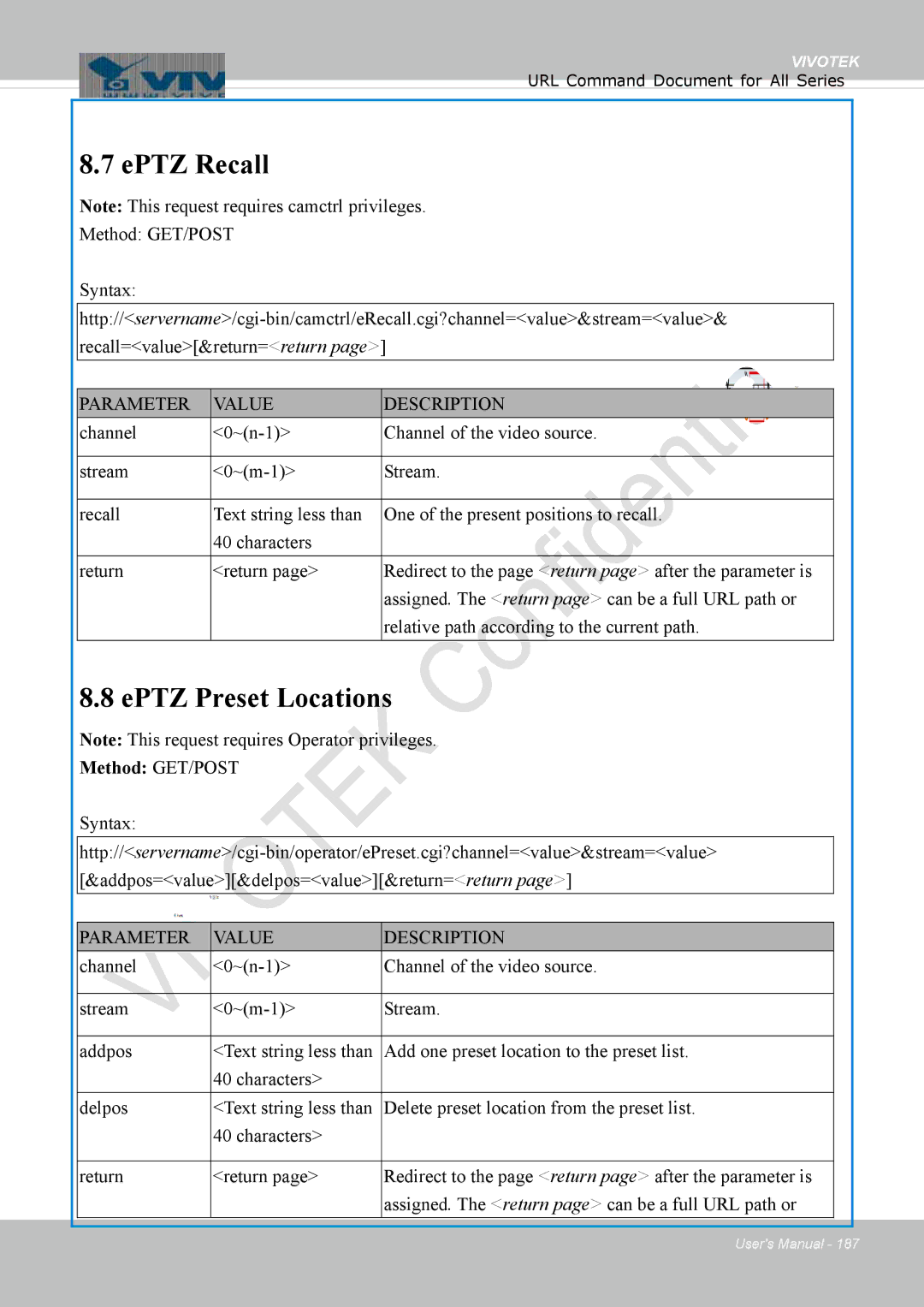 Vivotek FD1837H, 8137HV user manual EPTZ Recall, EPTZ Preset Locations 