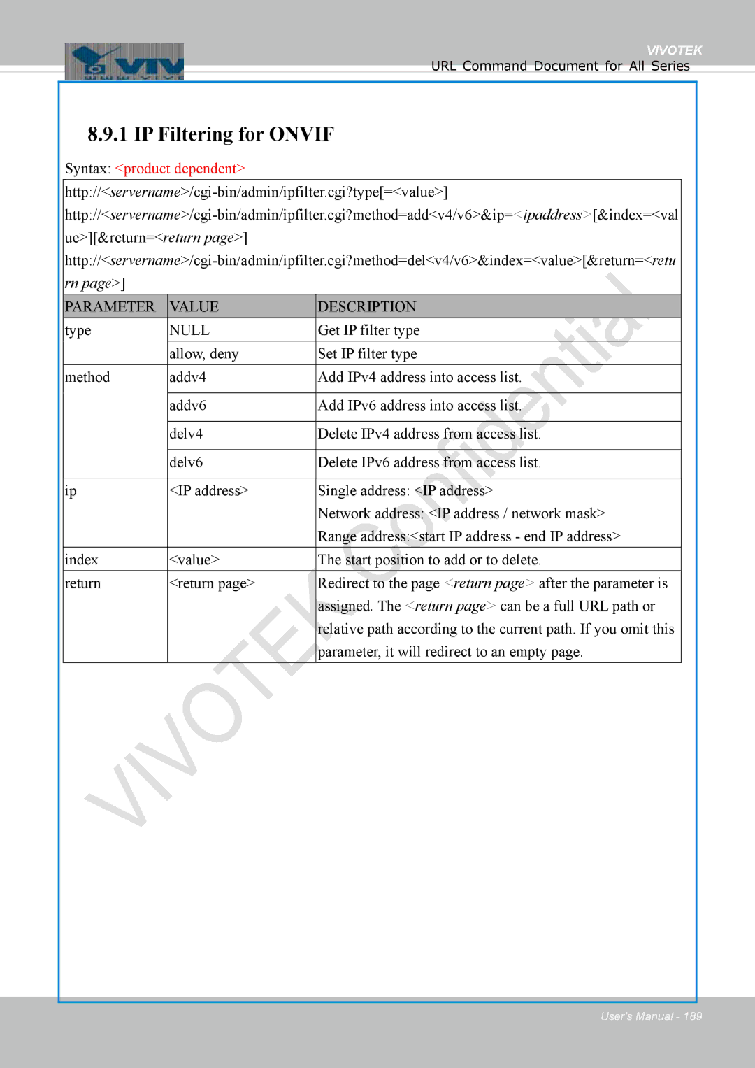 Vivotek FD1837H, 8137HV user manual IP Filtering for Onvif 