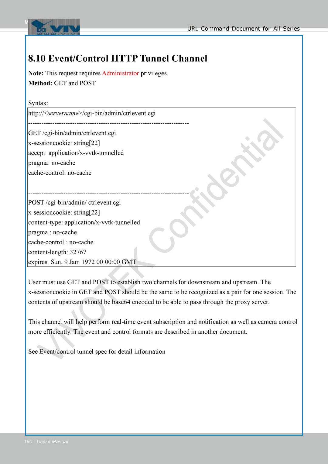 Vivotek 8137HV, FD1837H user manual Event/Control Http Tunnel Channel 