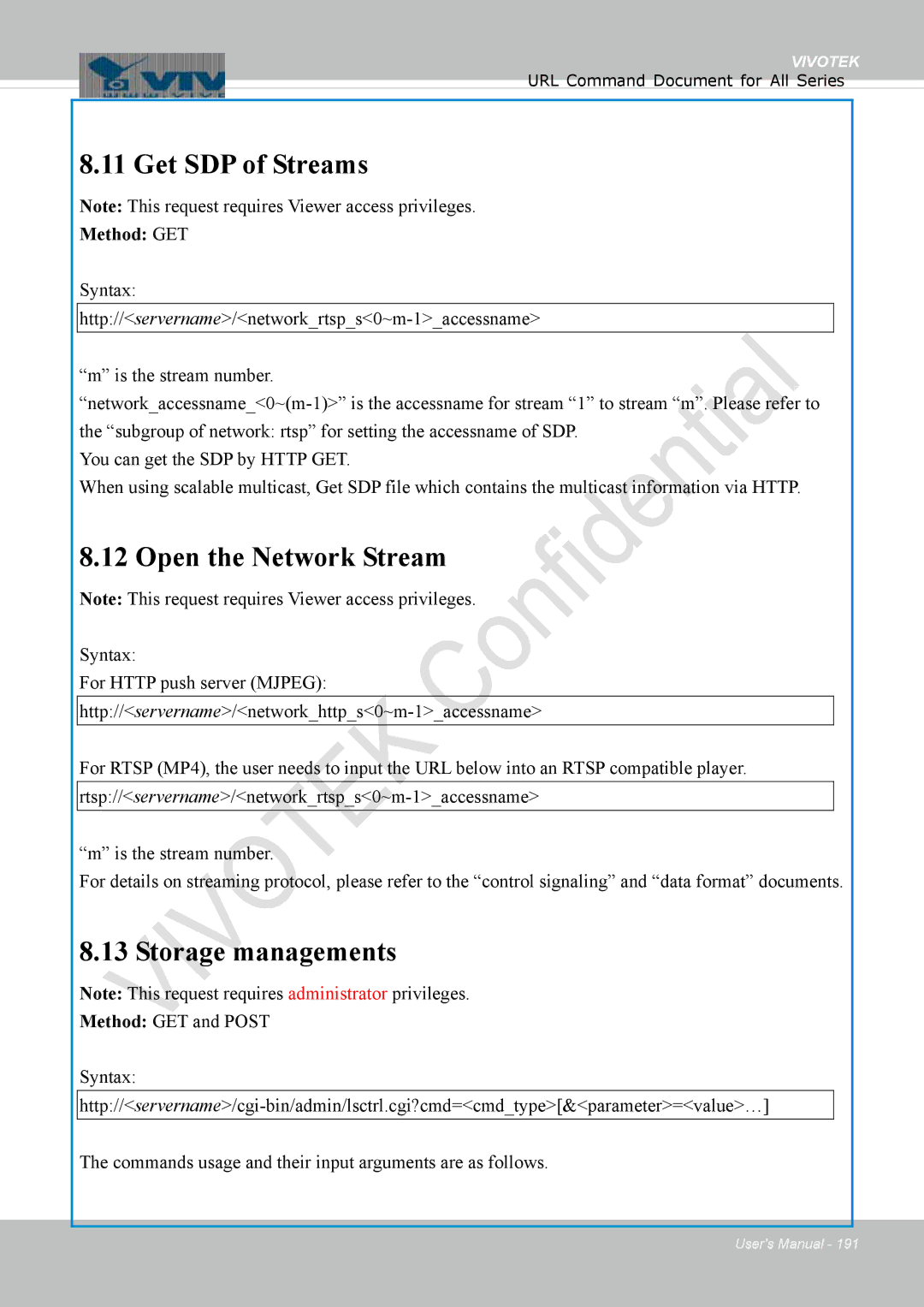 Vivotek FD1837H, 8137HV user manual Get SDP of Streams, Open the Network Stream, Storage managements, Method GET 