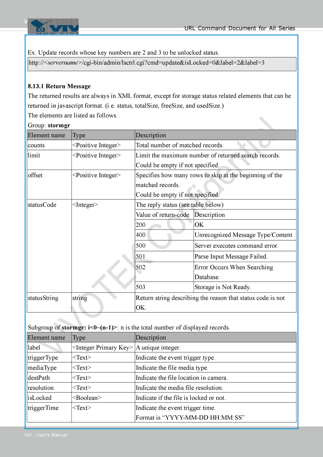 Vivotek 8137HV, FD1837H user manual Return Message 