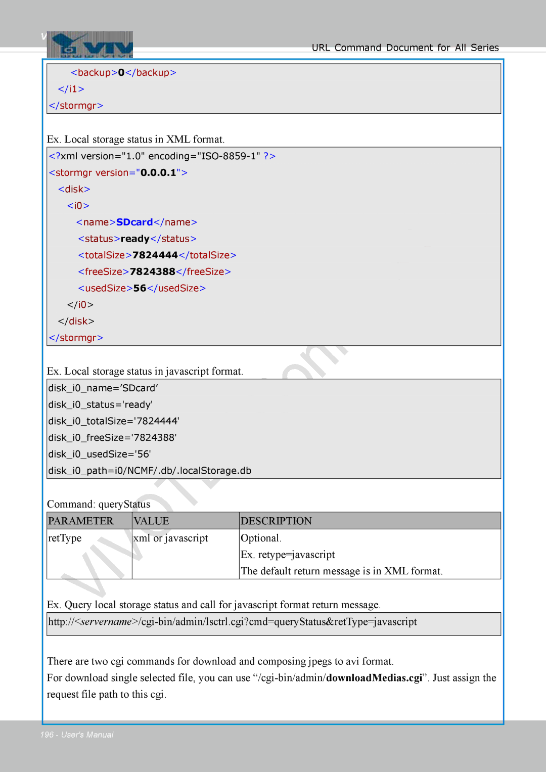 Vivotek 8137HV Ex. Local storage status in XML format, Ex. Local storage status in javascript format, Command queryStatus 