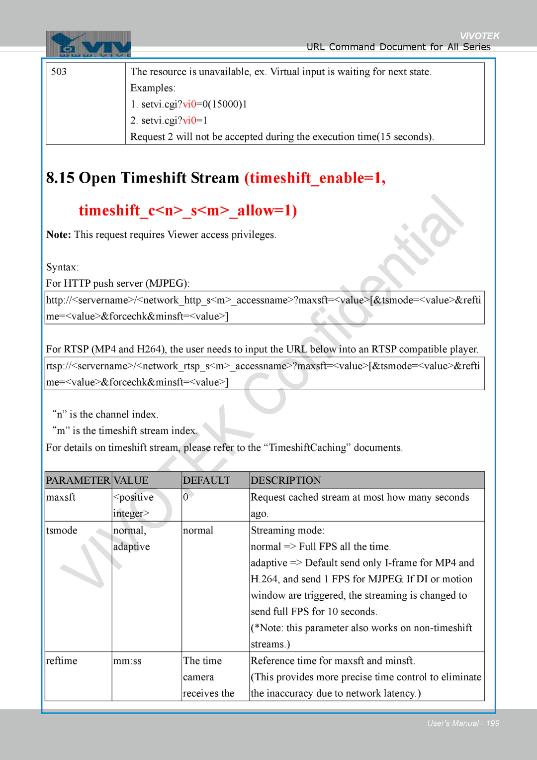 Vivotek FD1837H, 8137HV user manual Open Timeshift Stream timeshiftenable=1, Timeshiftcnsmallow=1 