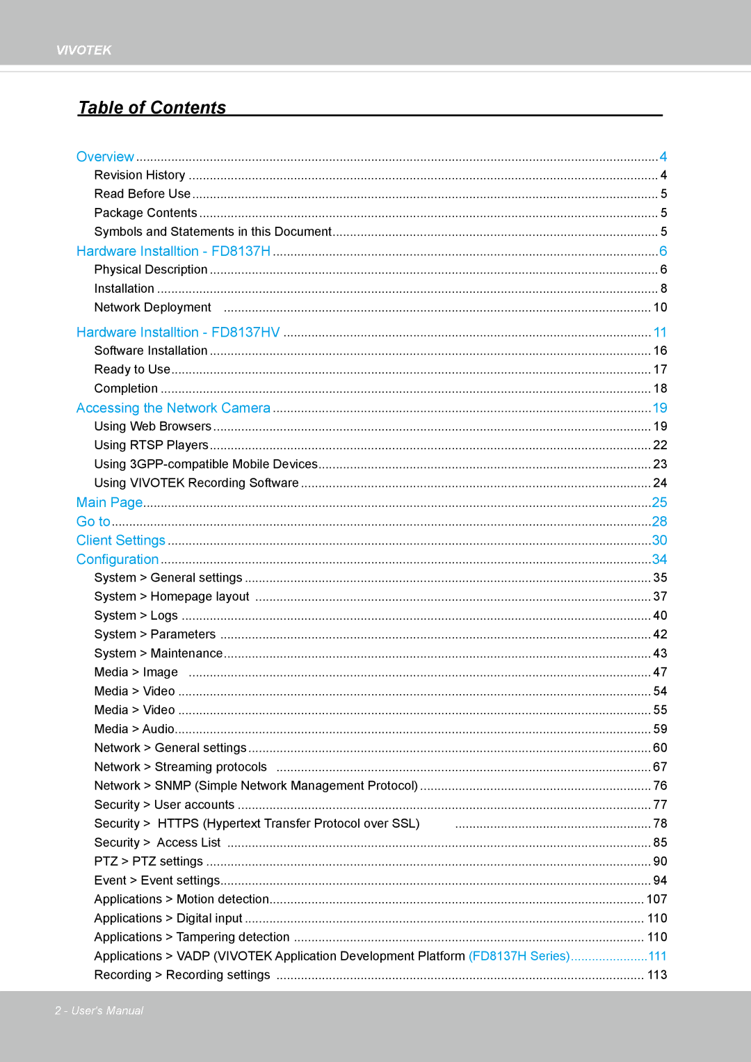 Vivotek 8137HV, FD1837H user manual Table of Contents 