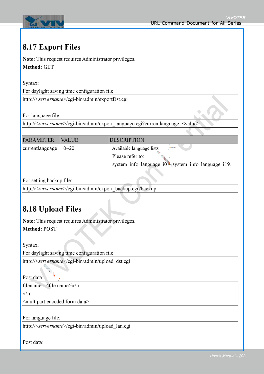 Vivotek FD1837H, 8137HV user manual Export Files, Upload Files, Currentlanguage ~20, Method Post 