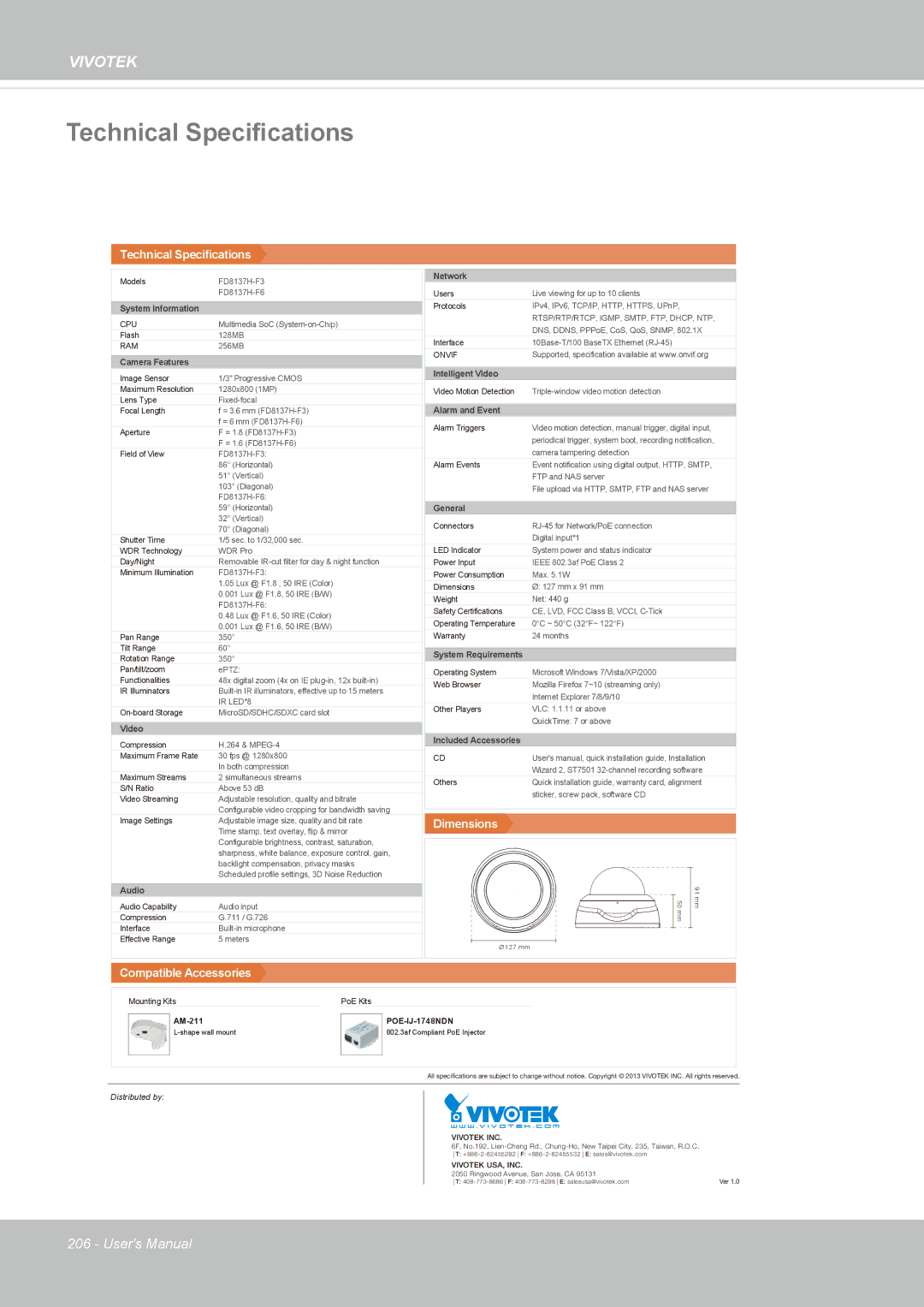 Vivotek 8137HV, FD1837H user manual Technical Specifications 