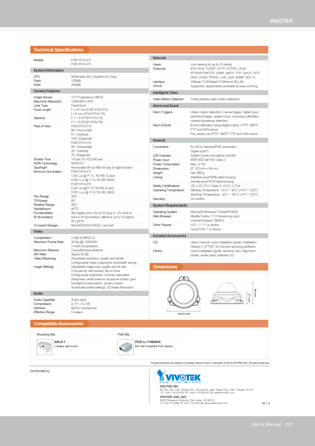 Vivotek FD1837H, 8137HV user manual Dimensions 