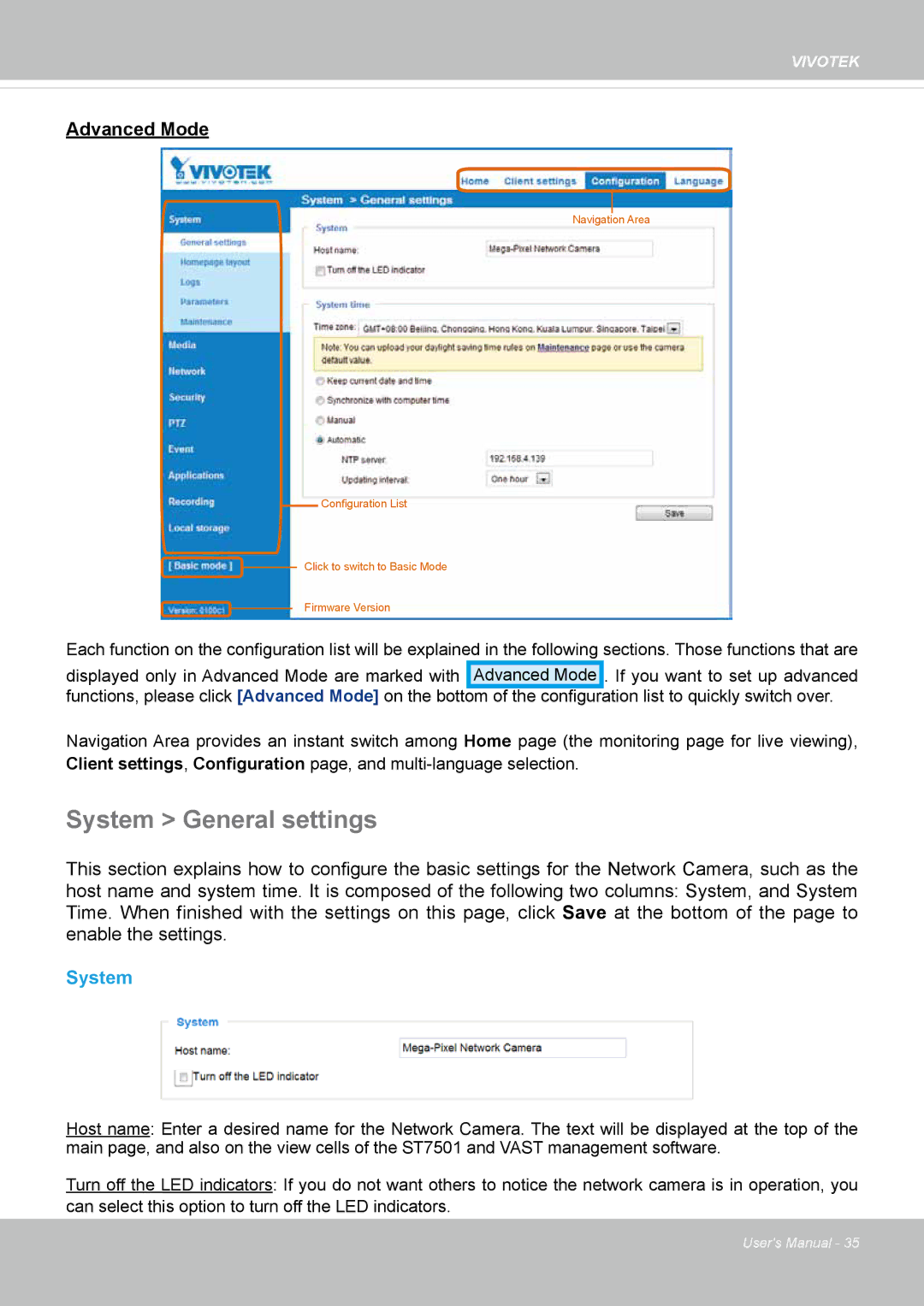 Vivotek FD1837H, 8137HV user manual System General settings 