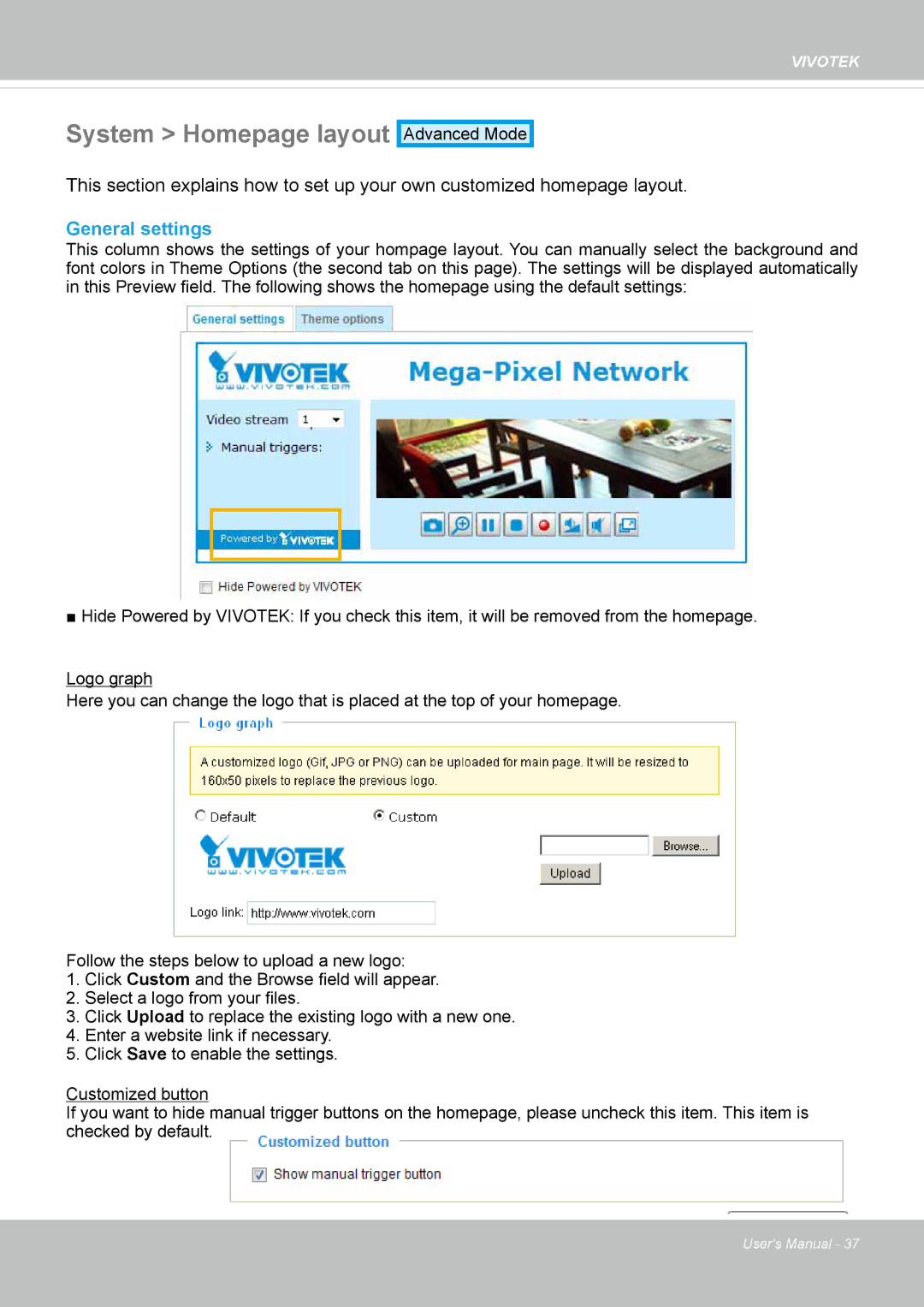 Vivotek FD1837H, 8137HV user manual System Homepage layout, General settings 