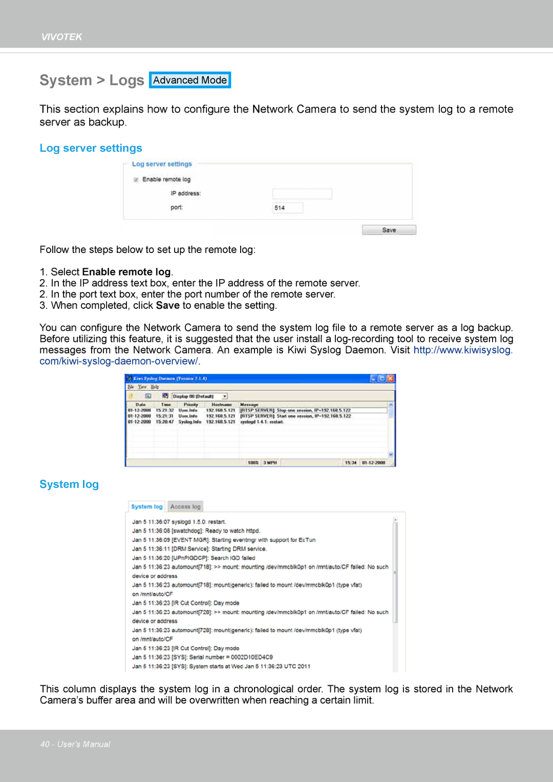 Vivotek 8137HV, FD1837H user manual System Logs, Log server settings, System log 