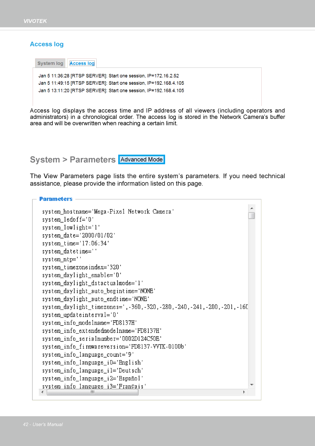 Vivotek 8137HV, FD1837H user manual System Parameters, Access log 