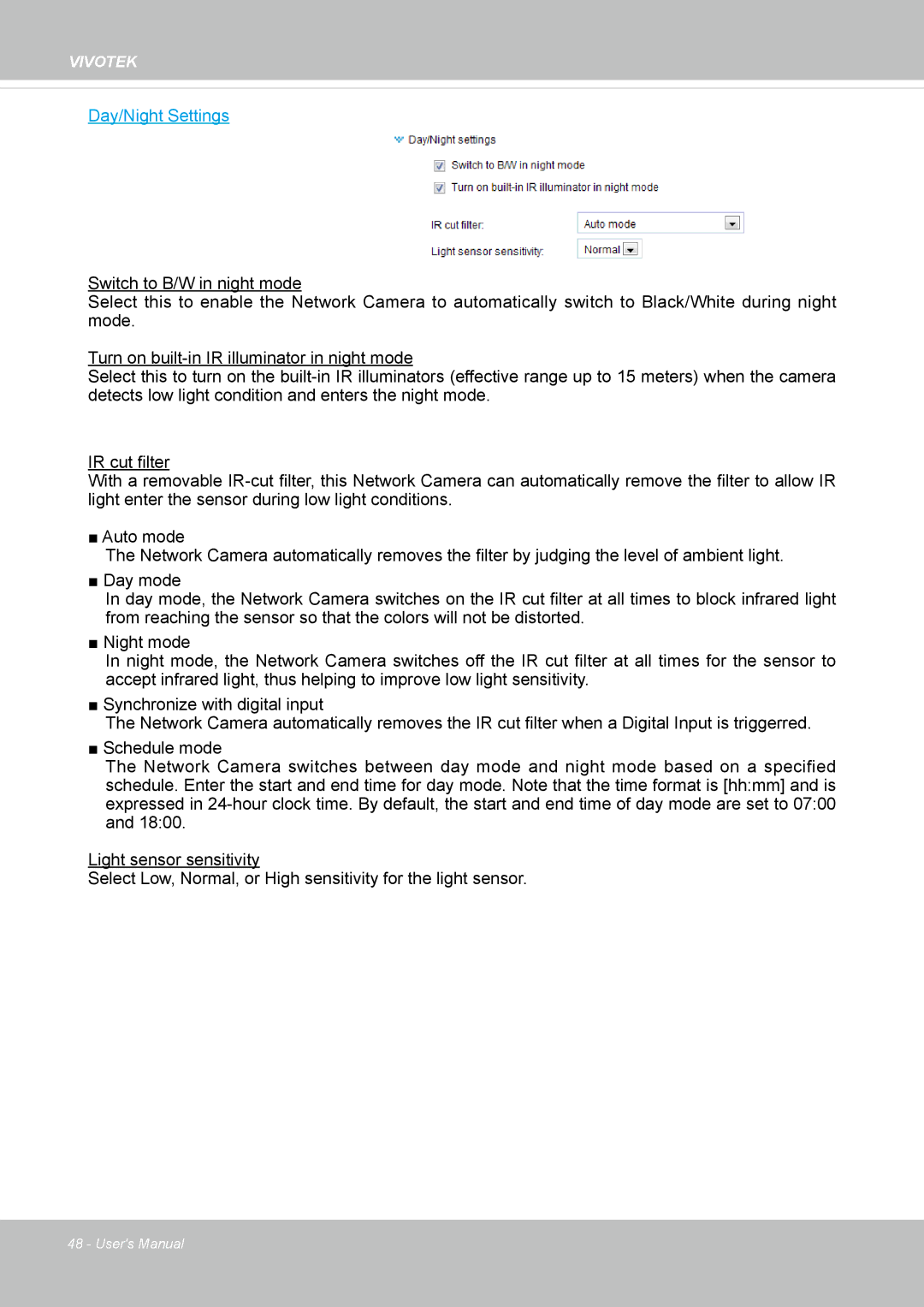 Vivotek 8137HV, FD1837H user manual Day/Night Settings 