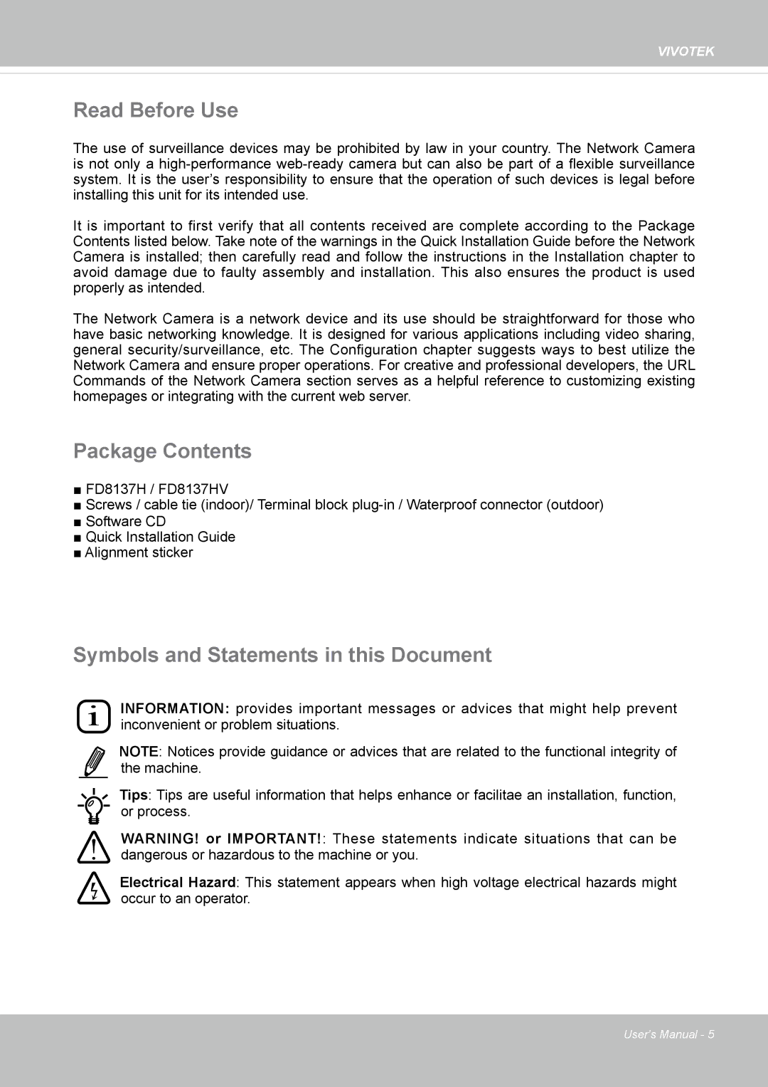 Vivotek FD1837H, 8137HV user manual Read Before Use, Package Contents, Symbols and Statements in this Document 