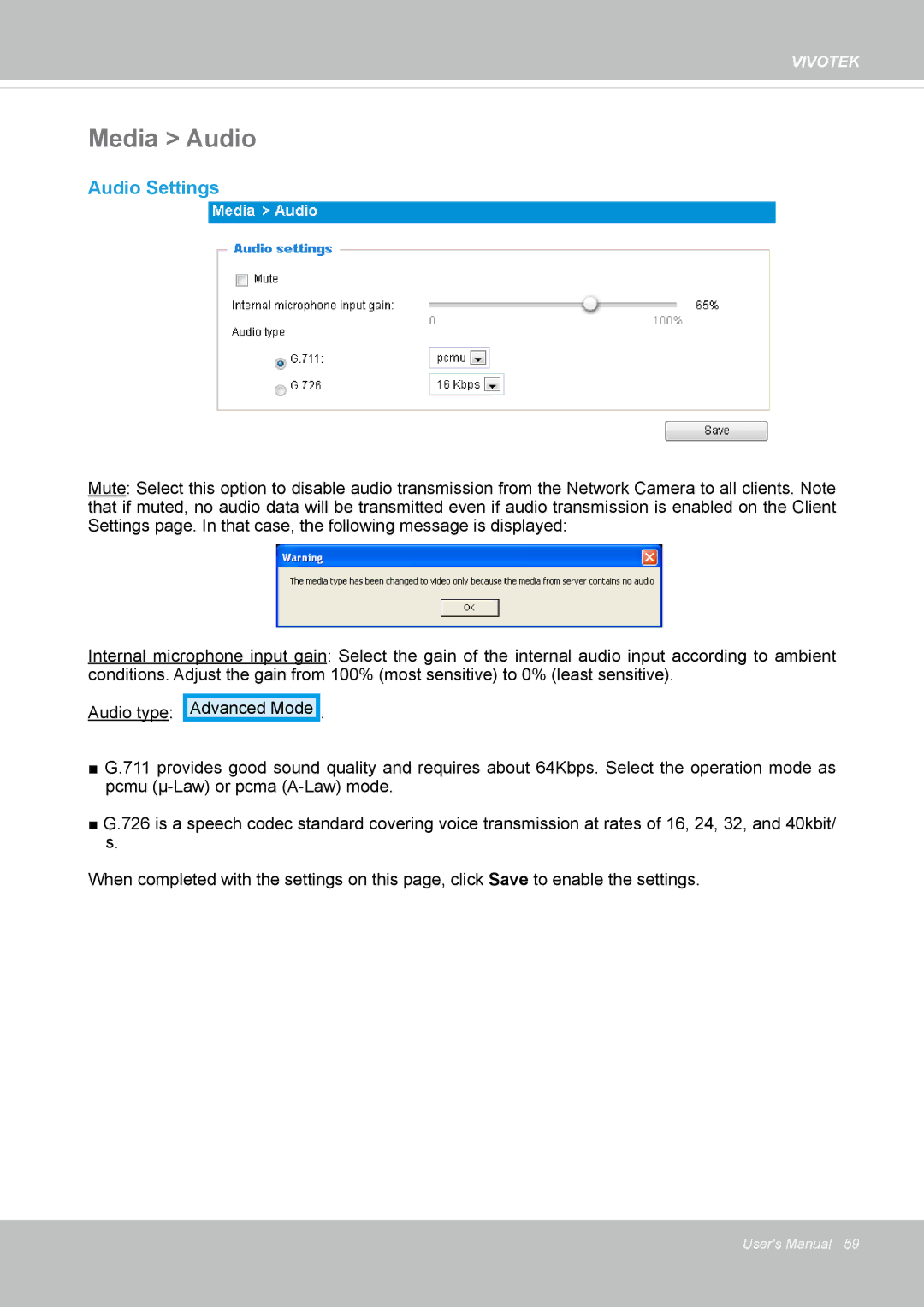 Vivotek FD1837H, 8137HV user manual Media Audio, Audio Settings 