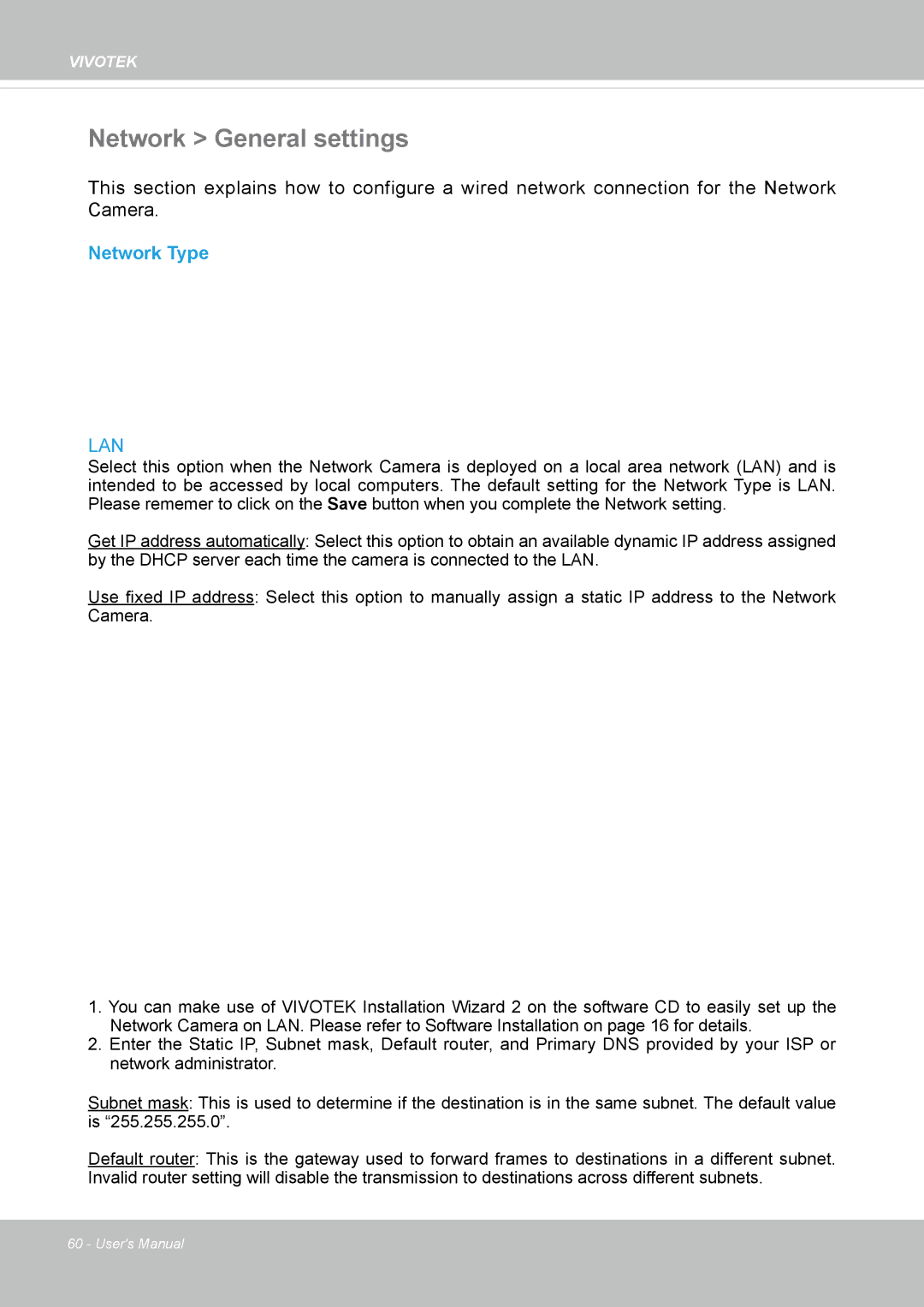 Vivotek 8137HV, FD1837H user manual Network General settings, Network Type 