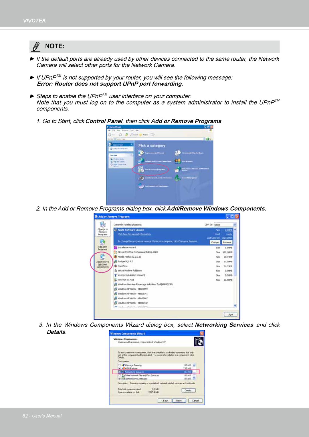 Vivotek 8137HV, FD1837H user manual Error Router does not support UPnP port forwarding 