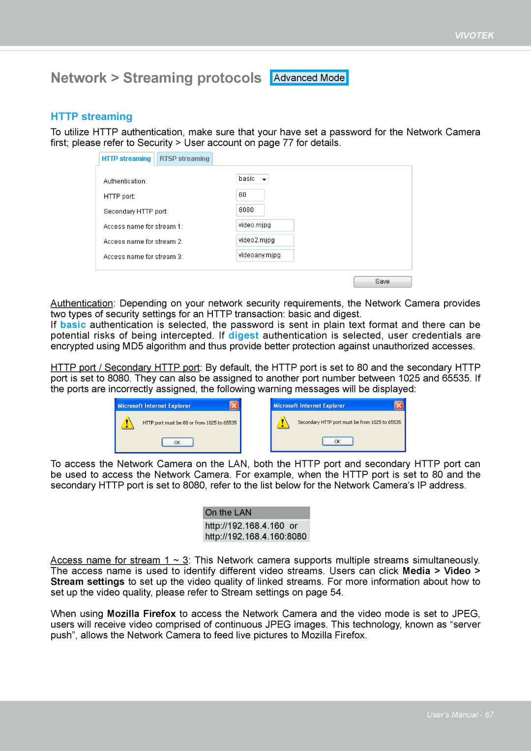 Vivotek FD1837H, 8137HV user manual Network Streaming protocols, Http streaming 