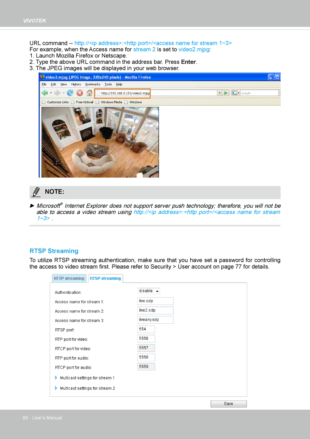 Vivotek 8137HV, FD1837H user manual Rtsp Streaming 