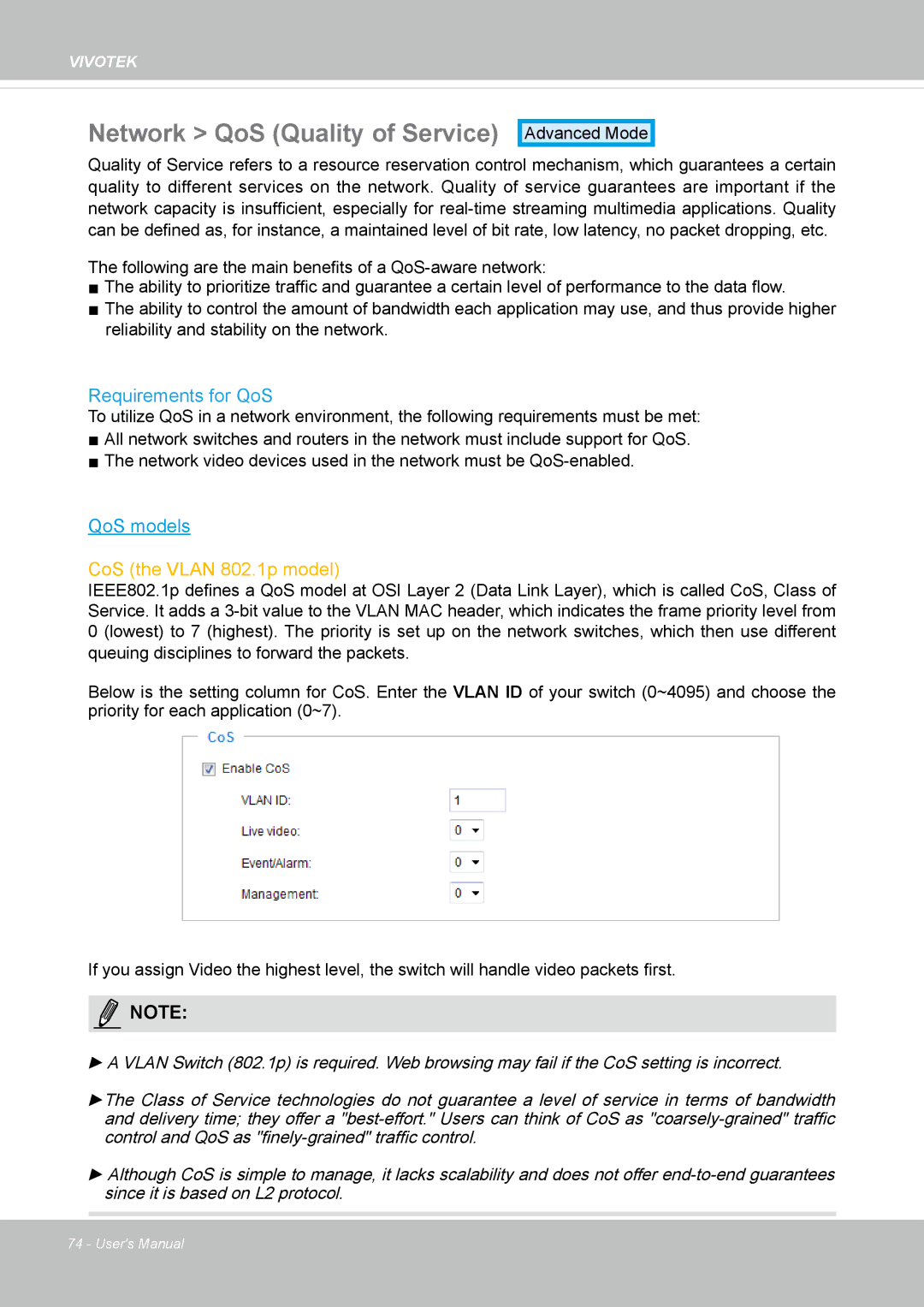 Vivotek 8137HV, FD1837H user manual Network QoS Quality of Service, Requirements for QoS 