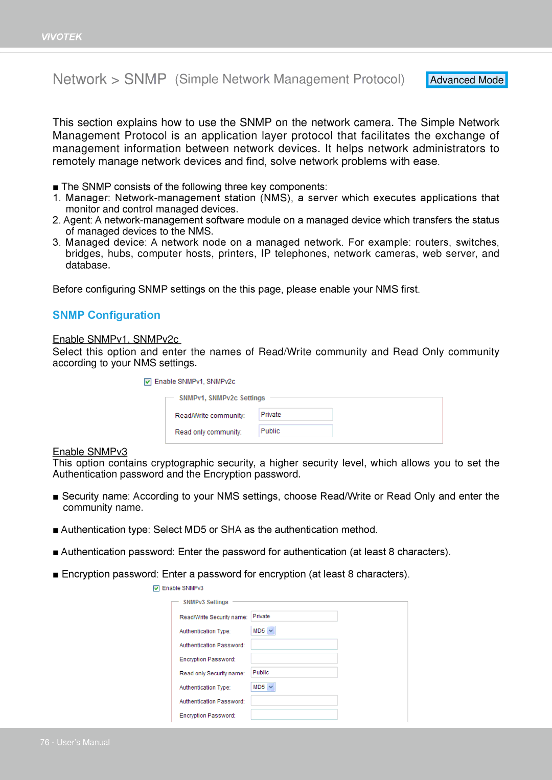 Vivotek 8137HV, FD1837H user manual Network Snmp Simple Network Management Protocol, Snmp Configuration 