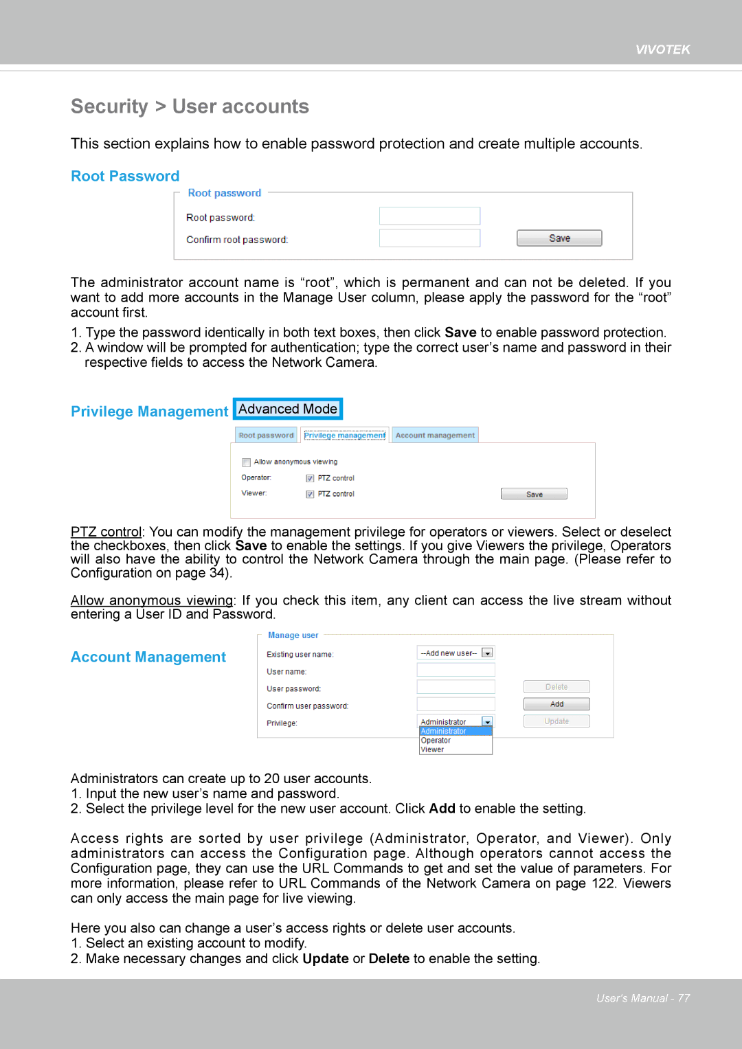 Vivotek FD1837H, 8137HV user manual Security User accounts, Root Password, Privilege Management, Account Management 