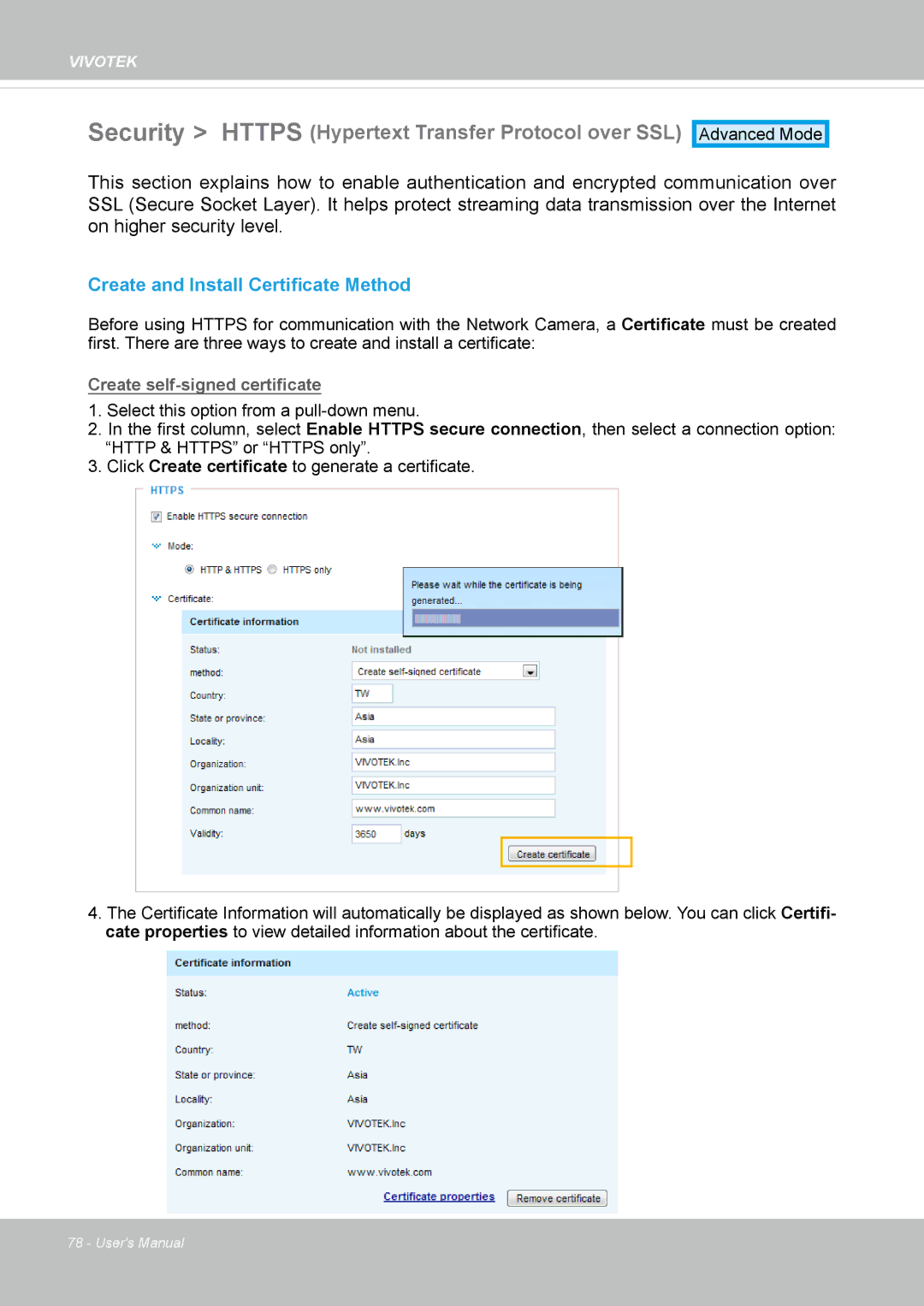 Vivotek 8137HV, FD1837H Security Https Hypertext Transfer Protocol over SSL, Create and Install Certificate Method 